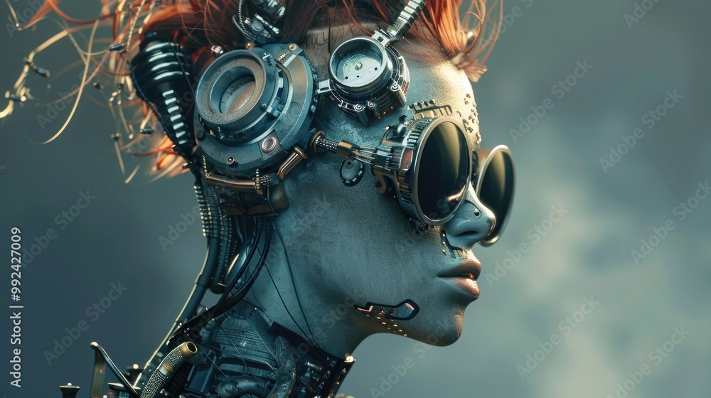 Metallic cybernetic mohawk cyborg woman with cyberpunk style sunglasses AI generated image Metallic cybernetic mohawk cyborg woman with cyberpunk style sunglasses AI generated image