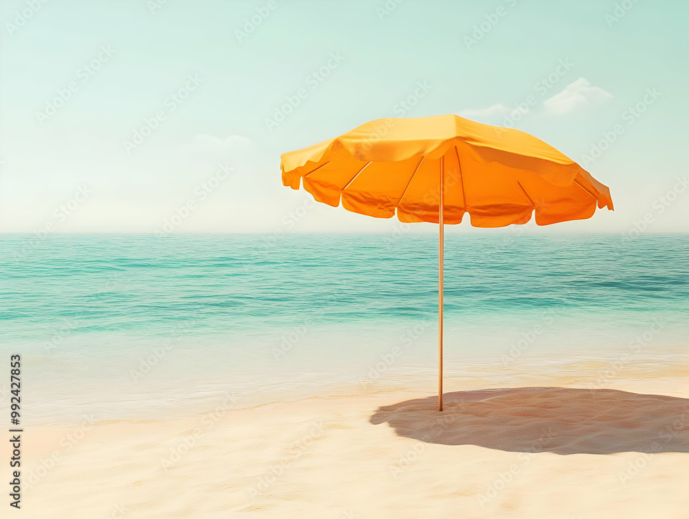 A vibrant yellow beach umbrella stands on a pristine sandy shore, overlooking calm turquoise waters under a clear blue sky. A vibrant yellow beach umbrella stands on a pristine sandy shore, overlooking calm turquoise waters under a clear blue sky.