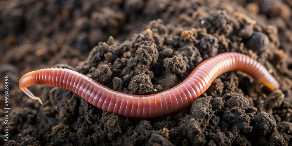 Close-up of a big beautiful earthworm in the black soil, earthworm, close-up, nature, soil, macro, wildlife Close-up of a big beautiful earthworm in the black soil, earthworm, close-up, nature, soil, macro, wildlife