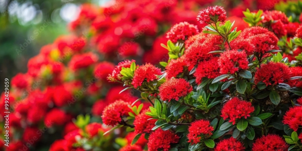 Vibrant red flowers bush in full bloom, red, flowers, bush, garden, blooming, vibrant, colorful, nature, plant, foliage Vibrant red flowers bush in full bloom, red, flowers, bush, garden, blooming, vibrant, colorful, nature, plant, foliage