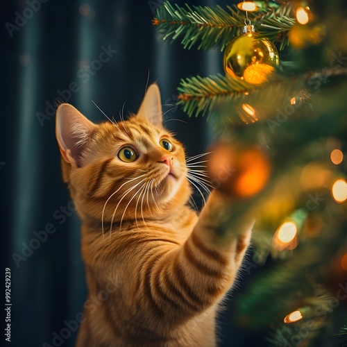 A ginger cat playfully batting at a hanging Christmas ornament on the tree. Christmas decorations and festive background photo