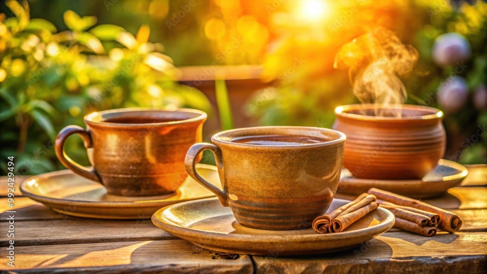 Tea cups and a cinnamon-spiced coffee on handmade pottery sitting in the sun , tea, cinnamon, coffee, pottery, handmade, drink Tea cups and a cinnamon-spiced coffee on handmade pottery sitting in the sun , tea, cinnamon, coffee, pottery, handmade, drink