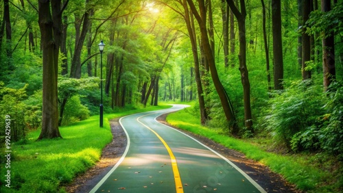 Pedestrian bike trail winding through a lush green forest , background, hiking, biking, walking, exercise, outdoor, path