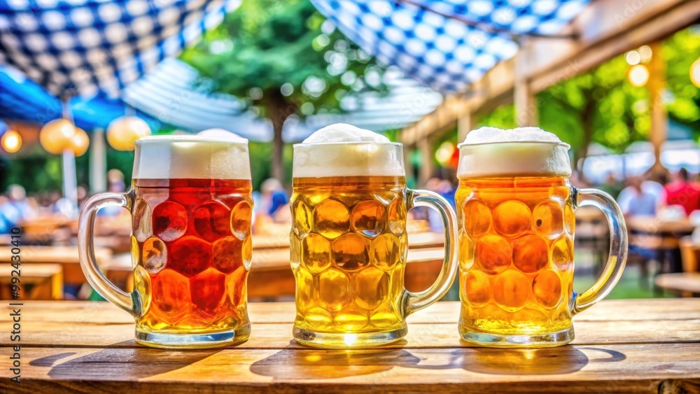 Three colorful beer steins filled with beer on a table at a lively outdoor festival, beer, steins, festive, outdoor, gathering Three colorful beer steins filled with beer on a table at a lively outdoor festival, beer, steins, festive, outdoor, gathering