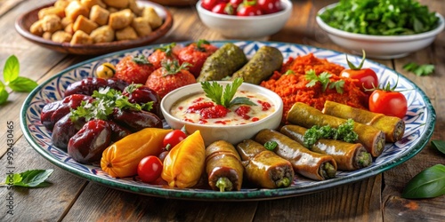 Spicy meze appetizer plate with traditional Turkish and Arabic cuisine dishes , meze, appetizer, Turkish, Arabic, cuisine