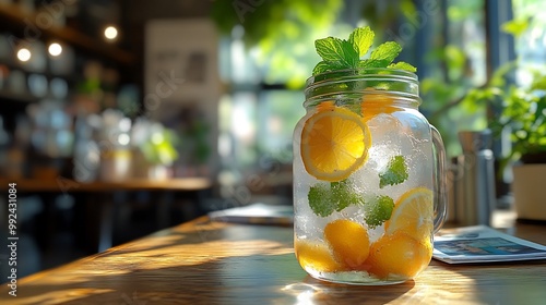 Rollinia fruit detox water served mason jar lemon mint placed sunlit outdoor caf table wellness magazine fitness tracker softly blurred behind promoting hydration health Scientific name Rollinia photo