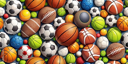 Colorful seamless pattern of various sports balls including basketball, soccer, baseball, and tennis, sports, balls