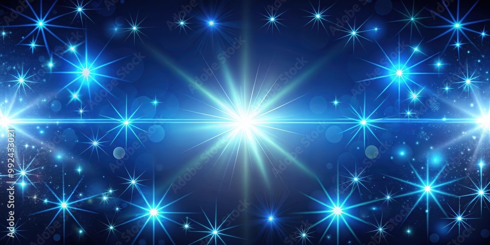 Fototapeta premium Dark blue background with glowing stars, lens flare and highlighted region, blue, background, stars, glare, highlighted, dark