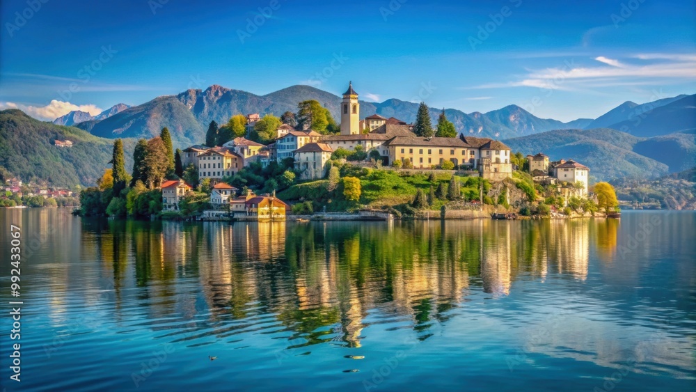 Obraz premium Tranquil view of Isola San Giulio in Lake Orta, Italy, Isola San Giulio, Lake Orta, Italy, island, serene, tranquil