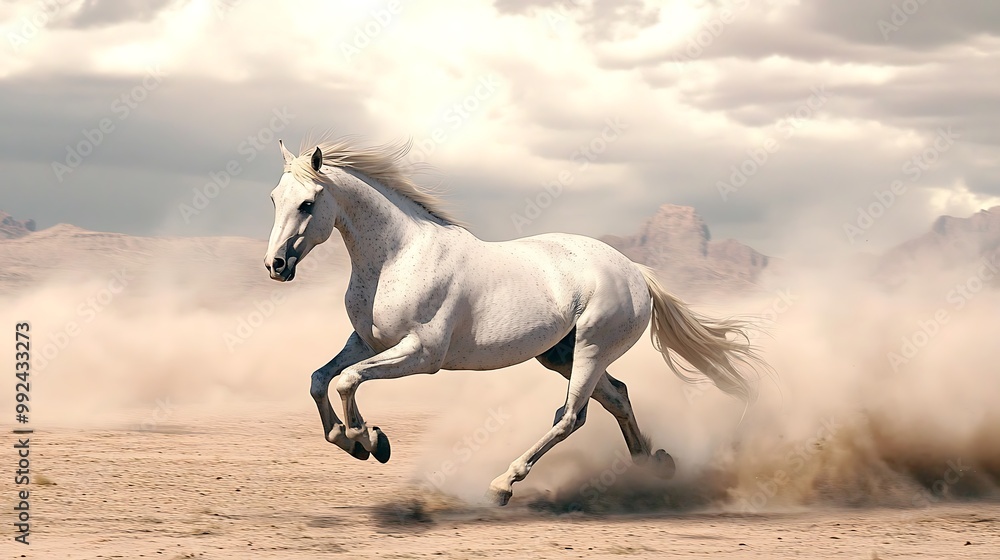 White Horse Running Through Dust in the Desert White Horse Running Through Dust in the Desert