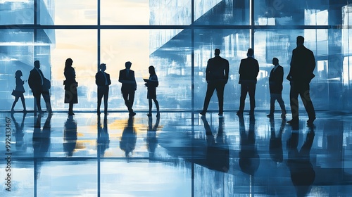 background image of a group of business people in the office lobby. 