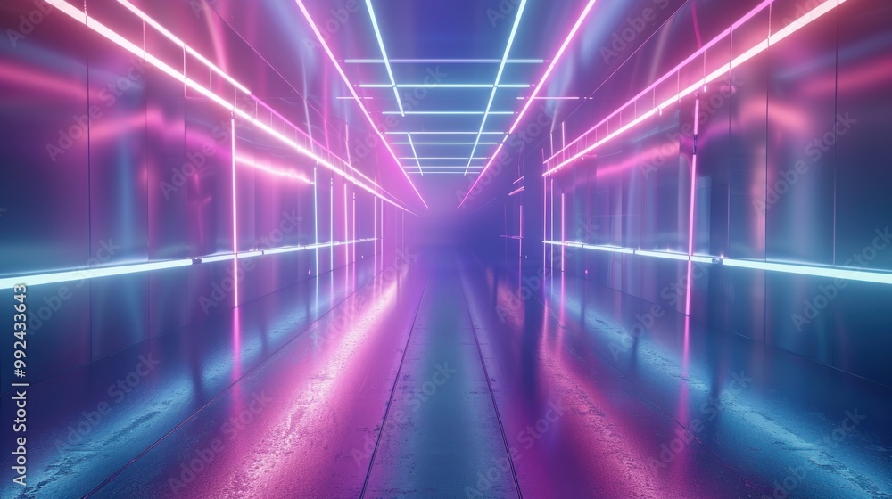 Geometric abstract 3d illustration background in futuristic corridor with neon ultraviolet light Geometric abstract 3d illustration background in futuristic corridor with neon ultraviolet light
