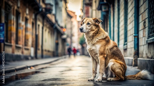 Lonely homeless dog sitting on the street , stray, abandoned, animal, sad, homeless, shelter, rescue, pet, canine, street, pavement