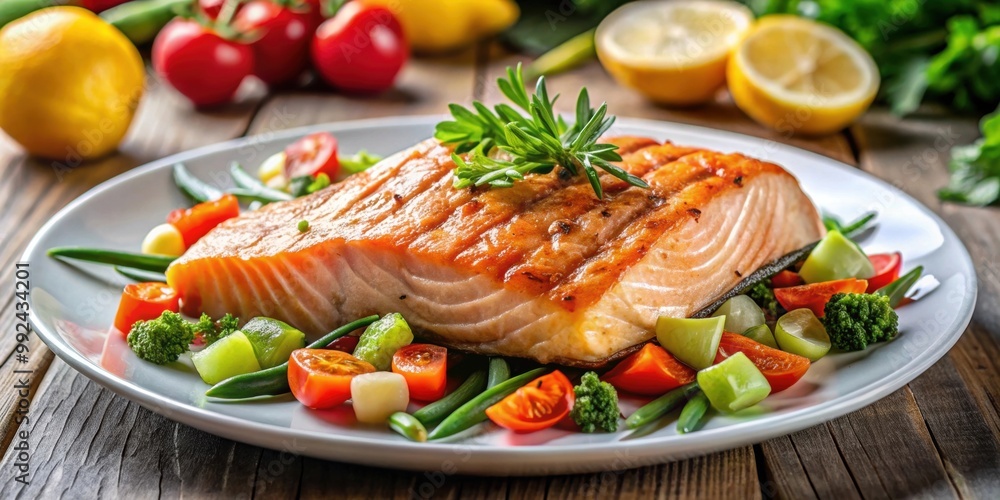 Perfectly grilled salmon fillet served with a medley of fresh vegetables , salmon, grilled, fillet, vegetable, medley, delicious Perfectly grilled salmon fillet served with a medley of fresh vegetables , salmon, grilled, fillet, vegetable, medley, delicious