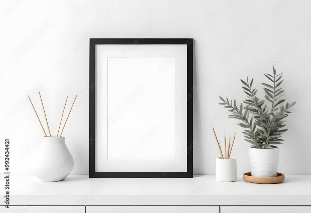Minimalist interior design with black frame mockup, perfect for showcasing your artwork or designs Minimalist interior design with black frame mockup, perfect for showcasing your artwork or designs