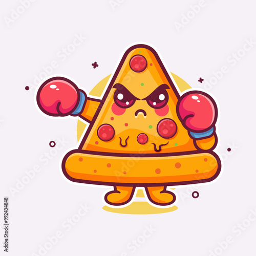 angry pizza slice food character mascot playing boxing sport isolated cartoon