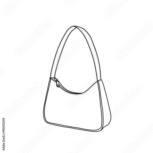 Shoulder bag for women, hobo tote handbag mini clutch with zipper line art. Outline vector doodle illustration side view, isolated on a white background