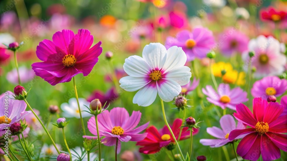 Vibrant garden cosmos flowers in full bloom , cosmos, bipinnatus, Mexican aster, garden, flowers, vibrant, colorful, summer Vibrant garden cosmos flowers in full bloom , cosmos, bipinnatus, Mexican aster, garden, flowers, vibrant, colorful, summer