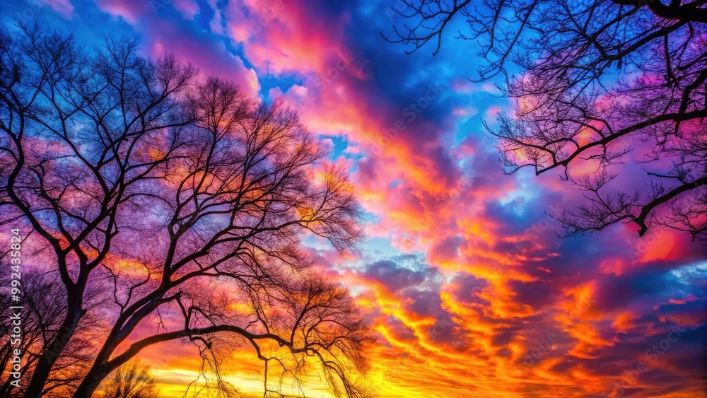 Obraz premium Vibrant sky with colorful hues casting over tree branches, abstract, colorful, sky, tree branches, nature, vibrant