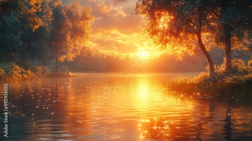 Serene sunset over a tranquil lake surrounded by lush trees.