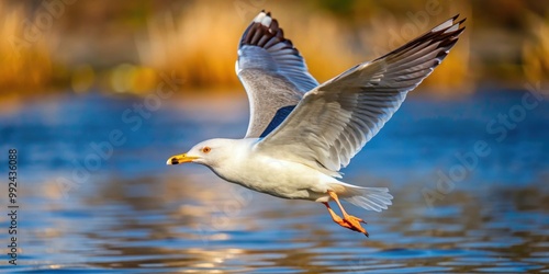 Caspian gull flying gracefully over rippling water, Caspian gull, Larus cachinnans, bird, flying, water, lake, nature photo