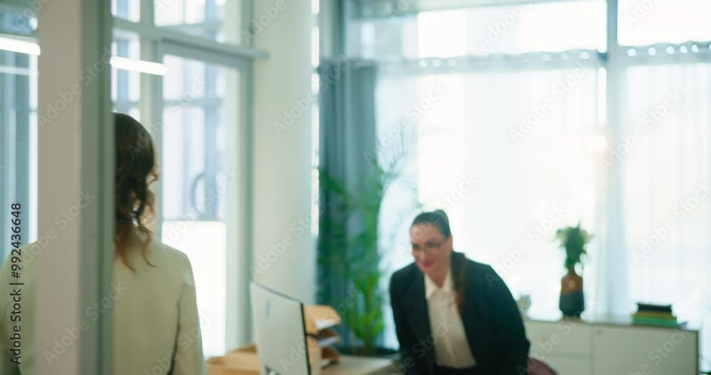 Company, office and women with handshake in consultation for greeting, introduction and respect. Business, agent and meeting with gesture to client for insurance review, feedback and update on policy Company, office and women with handshake in consultation for greeting, introduction and respect. Business, agent and meeting with gesture to client for insurance review, feedback and update on policy