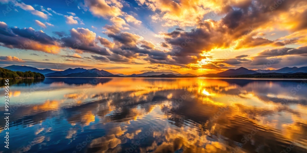 Sunset on lake with reflections of mountains and clouds, sunset, lake, reflections, mountains, clouds, scenic, tranquil, nature