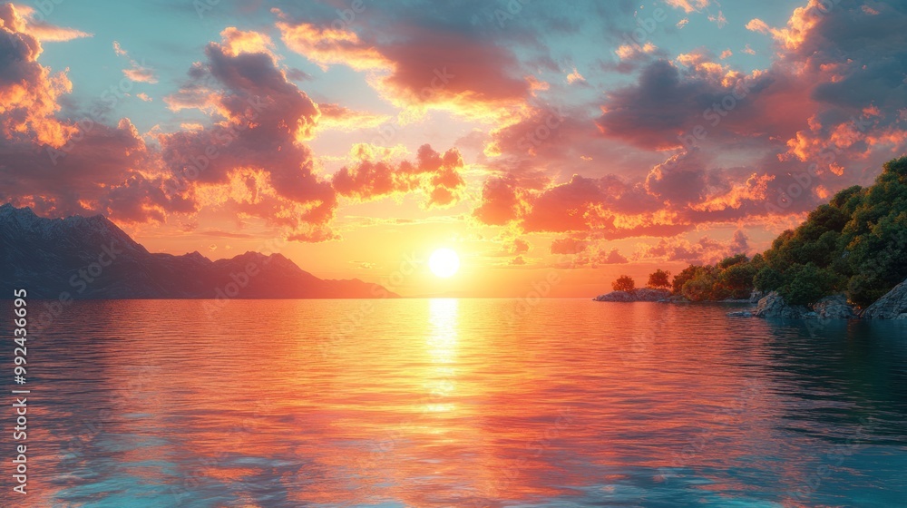 Serene sunset over calm waters with mountains in the background. Serene sunset over calm waters with mountains in the background.