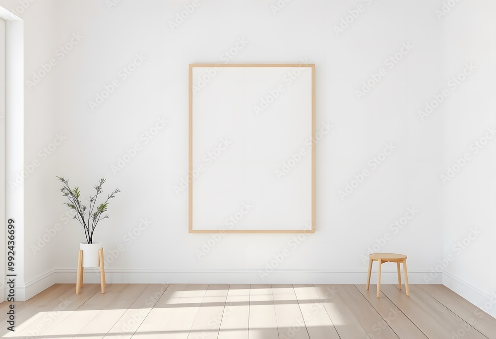 Sunlight shining on a bright room with blank picture frame hanging on a white wall Sunlight shining on a bright room with blank picture frame hanging on a white wall