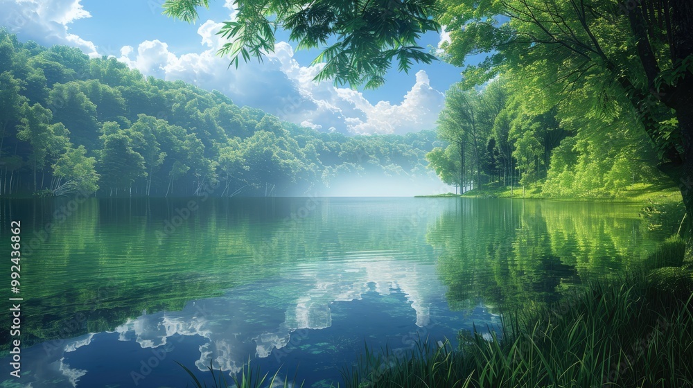 A serene lake surrounded by lush greenery reflects the blue sky and fluffy clouds, creating a picturesque scene. A serene lake surrounded by lush greenery reflects the blue sky and fluffy clouds, creating a picturesque scene.