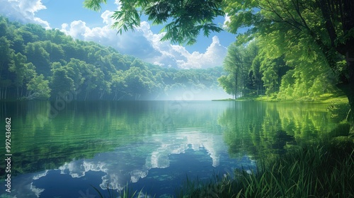 A serene lake surrounded by lush greenery reflects the blue sky and fluffy clouds, creating a picturesque scene.