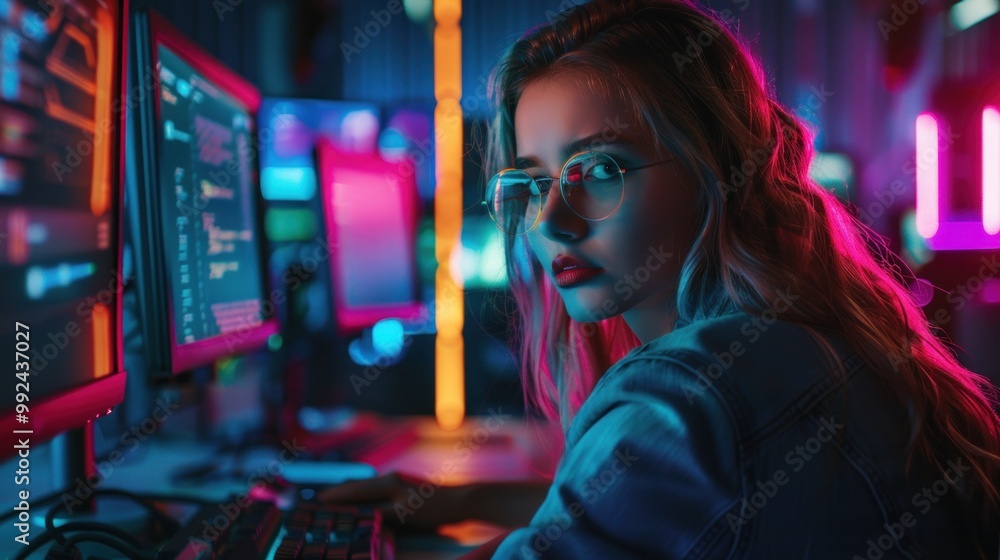 Obraz premium Female hacker sitting in front of a computer against a dark office background of neon lights