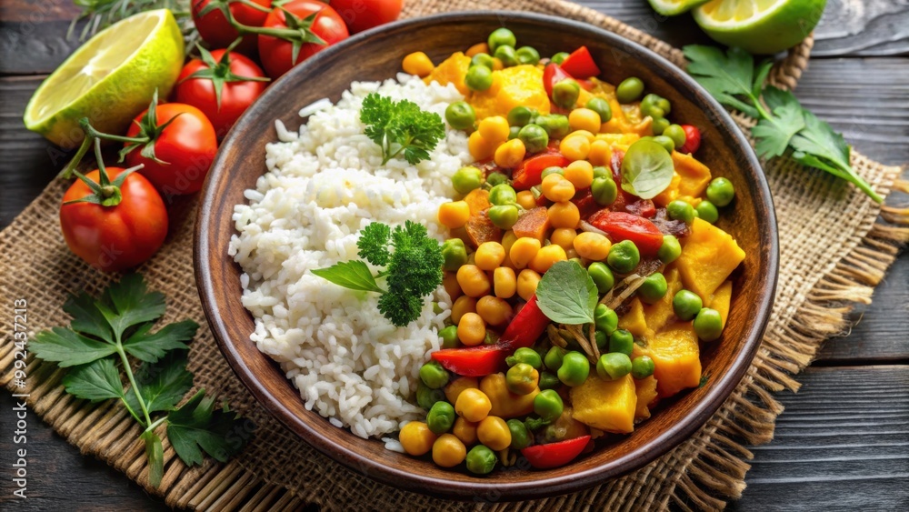 Vegetarian rice and vegan chickpea curry with colorful vegetables , healthy, plant-based, nutritious Vegetarian rice and vegan chickpea curry with colorful vegetables , healthy, plant-based, nutritious
