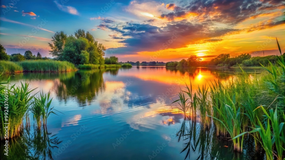 Scenic landscape of a beautiful lake at sunset with colorful reflections on water surface among green reeds, sunset, lake Scenic landscape of a beautiful lake at sunset with colorful reflections on water surface among green reeds, sunset, lake