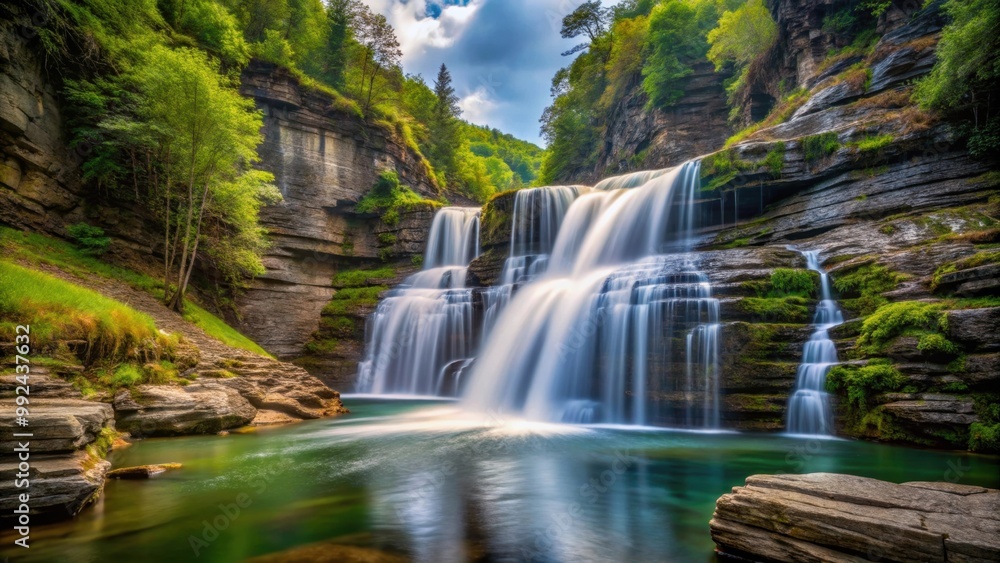 Obraz premium Majestic long exposure photo of waterfall cascading over narrow canyon, waterfall, long exposure, majestic, cascading
