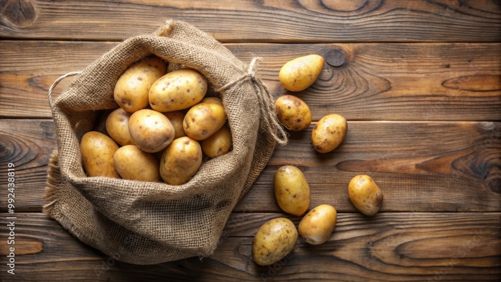 Fresh raw potatoes in a sack on a wooden background, potato, fresh, raw, organic, vegetables, agriculture, harvest, food, natural Fresh raw potatoes in a sack on a wooden background, potato, fresh, raw, organic, vegetables, agriculture, harvest, food, natural