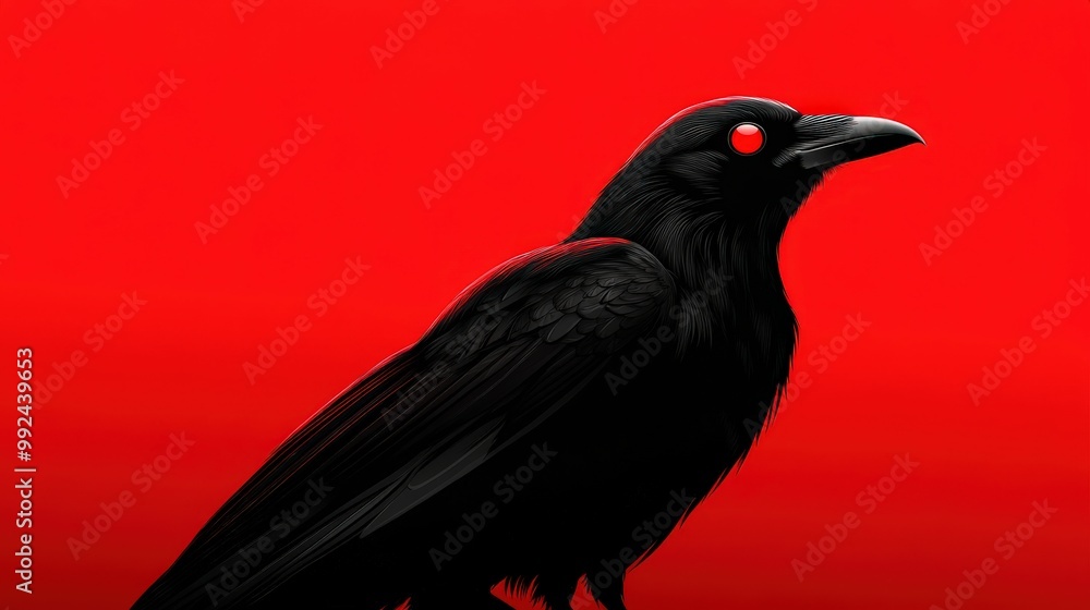 Fototapeta premium A black raven perched against a striking red backdrop, showcasing its intricate details.