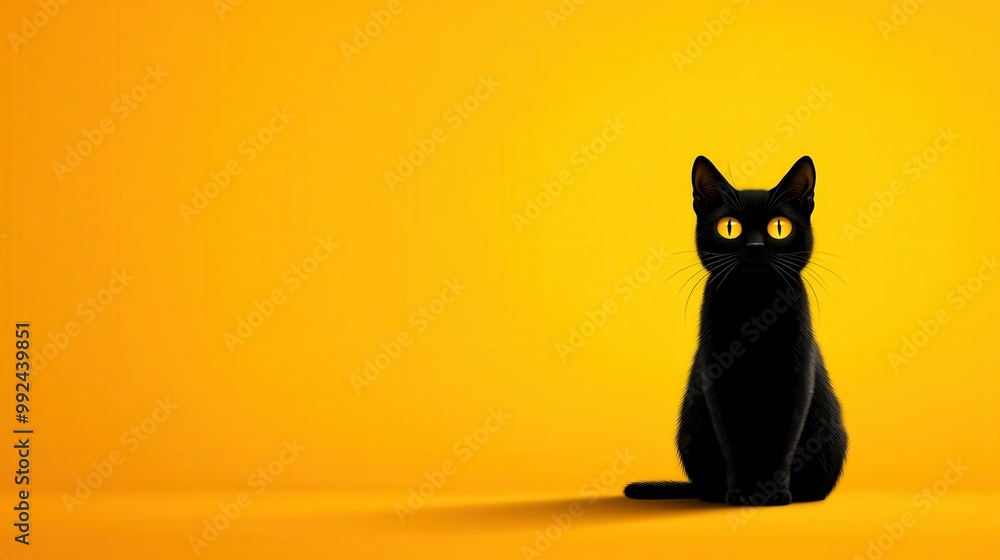 Black cat sitting against a vibrant yellow background. Black cat sitting against a vibrant yellow background.