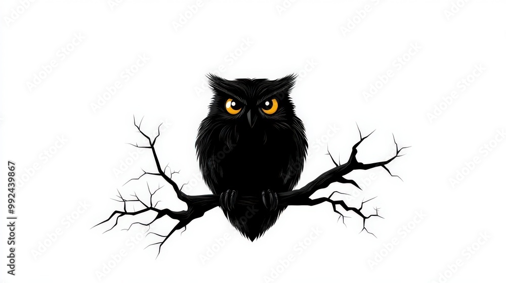 Fototapeta premium Black owl perched on a bare branch, isolated on a white background.