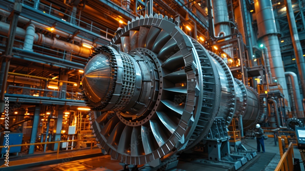 Engineers discussing plans in front of a massive power plant turbine Engineers discussing plans in front of a massive power plant turbine