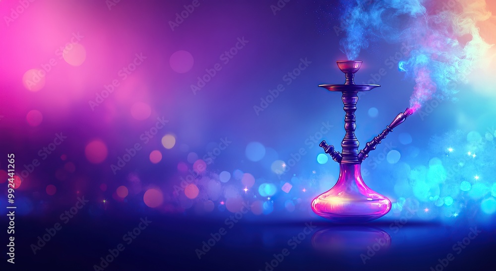 A hookah with smoke in the background, on a blue and purple gradient background A hookah with smoke in the background, on a blue and purple gradient background