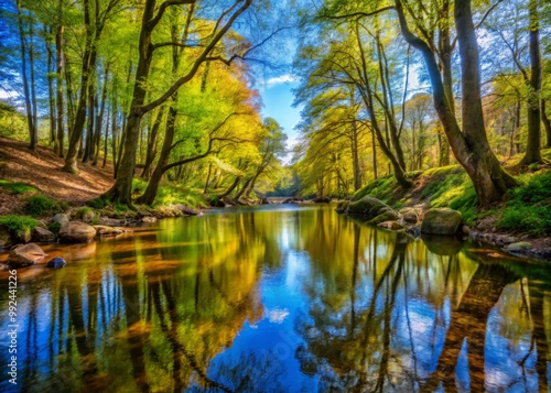 Peaceful creek meanders lazily through teeming forest, its transparent waters echoing venerable beeches and craggy precipices, under an immaculate cobalt firmament.