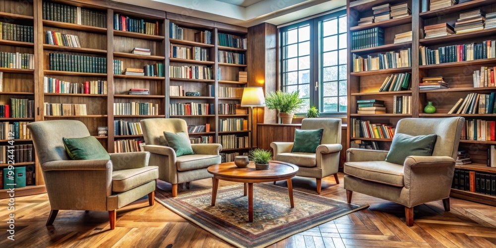 Cozy reading corner in a library with comfortable armchairs and books, library, reading room, cozy, comfortable, armchairs Cozy reading corner in a library with comfortable armchairs and books, library, reading room, cozy, comfortable, armchairs