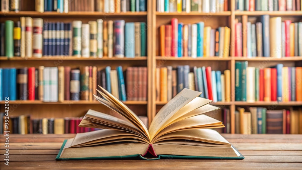 Open book on table surrounded by various other books, education, knowledge, reading, literature, study, learning, library Open book on table surrounded by various other books, education, knowledge, reading, literature, study, learning, library