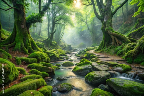 Ancient river carves a serpentine path, through a landscape of emerald green, where moss-draped boulders, and gnarled tree roots, tell stories of centuries past, under a soft