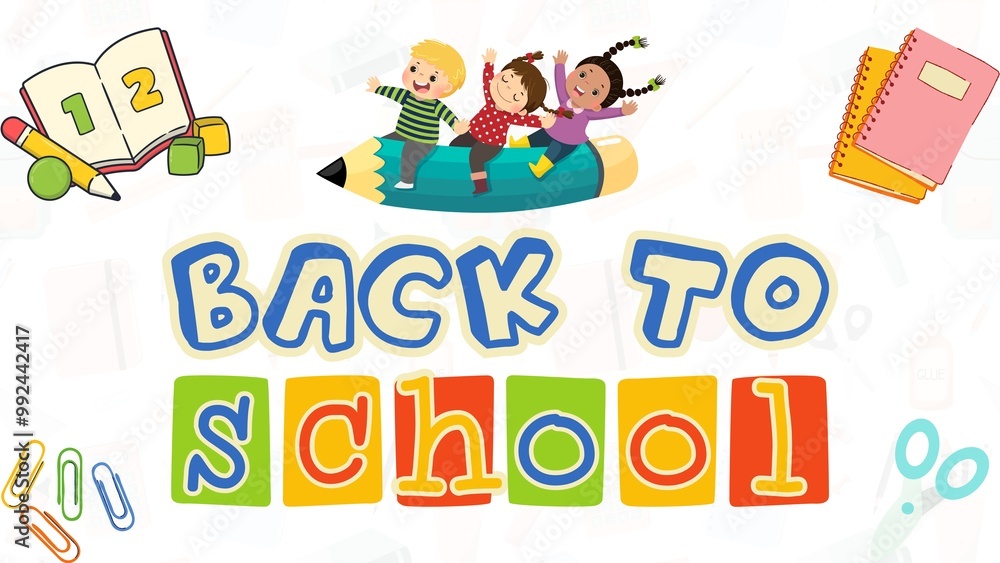 Fototapeta premium Vibrant back to school illustration featuring cheerful children on a giant pencil. Includes educational elements like books and notebooks in a playful design.
