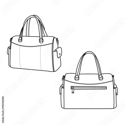 Women's bags. Top handle bag, sling bag, shoulder bag, satchel purse for women flat sketch fashion illustration drawing template mock-up. Front, and back view. Isolated on a white background.