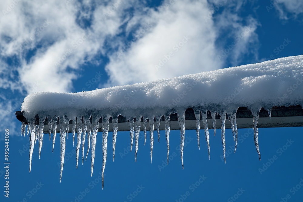 A photo of icicles hanging from the edge of an old roof, with snow on top and sky in the background