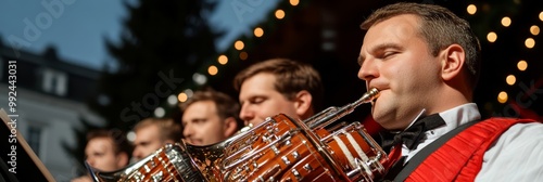 an Oktoberfest band playing traditional German music with brass instruments and accordions dressed in lederhosen and dirndls performing on a wooden stage under festive lighting and decorations photo