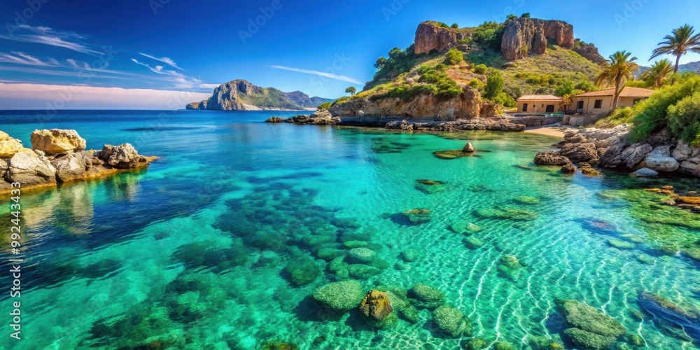 Majestic view of the Island of currents in Sicily with crystal clear water and lush greenery , Sicily, Italy Majestic view of the Island of currents in Sicily with crystal clear water and lush greenery , Sicily, Italy